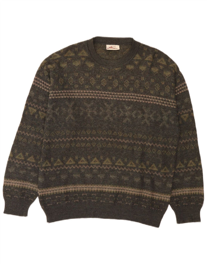 Rodes Mens Crew Neck Jumper Sweater Medium Khaki Fair Isle Wool