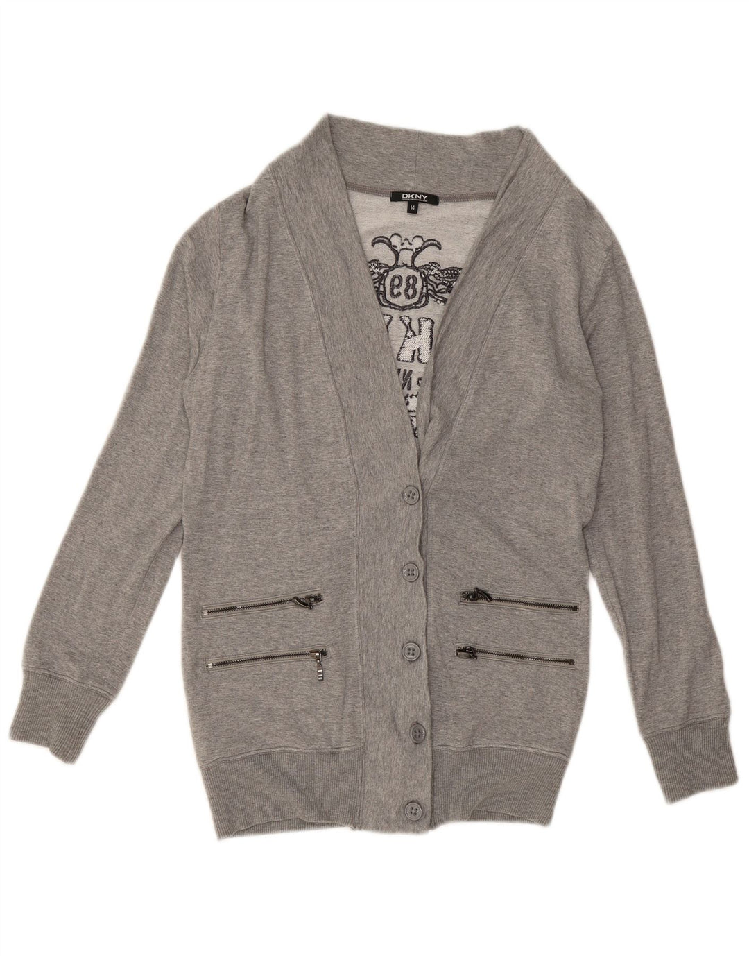 DKNY Womens Graphic Cardigan Sweater UK 14 Medium Grey Flecked Viscose