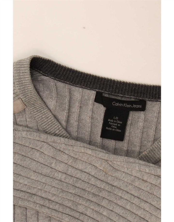 Calvin Klein Mens V-Neck Jumper Sweater Large Grey Cotton