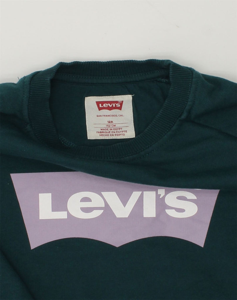 LEVI'S Girls Graphic Sweatshirt Jumper 11-12 Years Green Cotton | Vintage Levi's | Thrift | Second-Hand Levi's | Used Clothing | Messina Hembry 