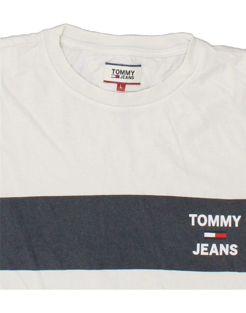 TOMMY HILFIGER Mens Graphic T-Shirt Top Large White Colourblock Cotton Vintage Tommy Hilfiger and Second-Hand Tommy Hilfiger from Messina Hembry 