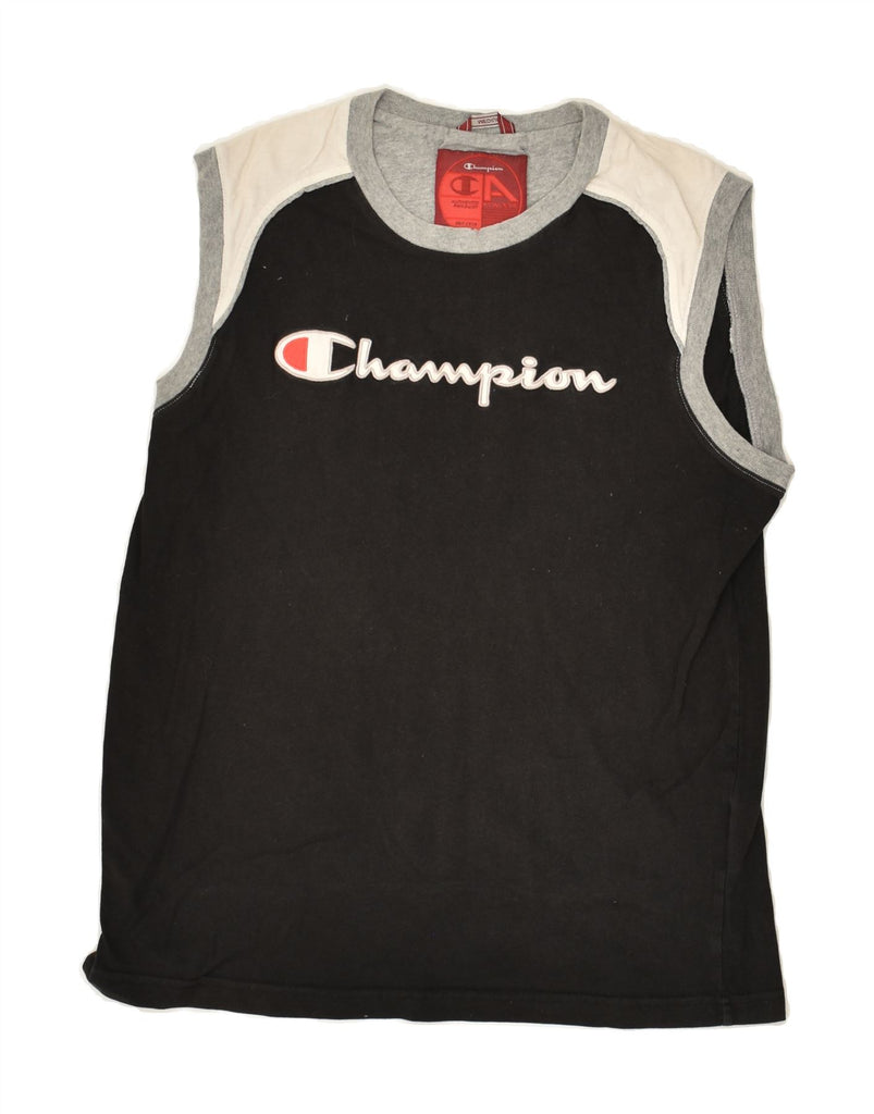 CHAMPION Mens Graphic Vest Top Medium Black Colourblock Cotton | Vintage Champion | Thrift | Second-Hand Champion | Used Clothing | Messina Hembry 