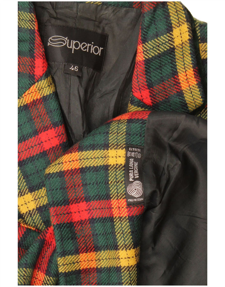 Superior Womens 3 Button Blazer Jacket IT 46 Large Green Check Virgin Wool