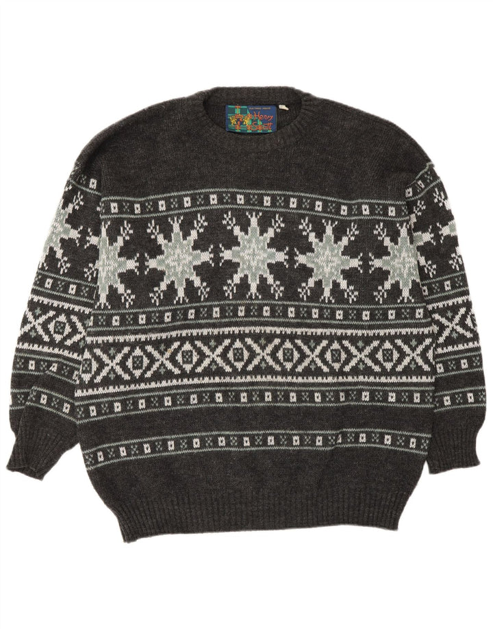 Henry Scott Mens Crew Neck Jumper Sweater Medium Grey Fair Isle Acrylic