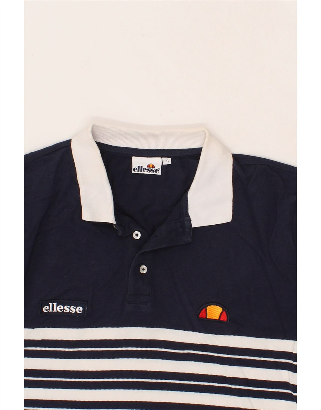 ELLESSE Mens Polo Shirt Small Navy Blue Striped Cotton Vintage Ellesse and Second-Hand Ellesse from Messina Hembry 
