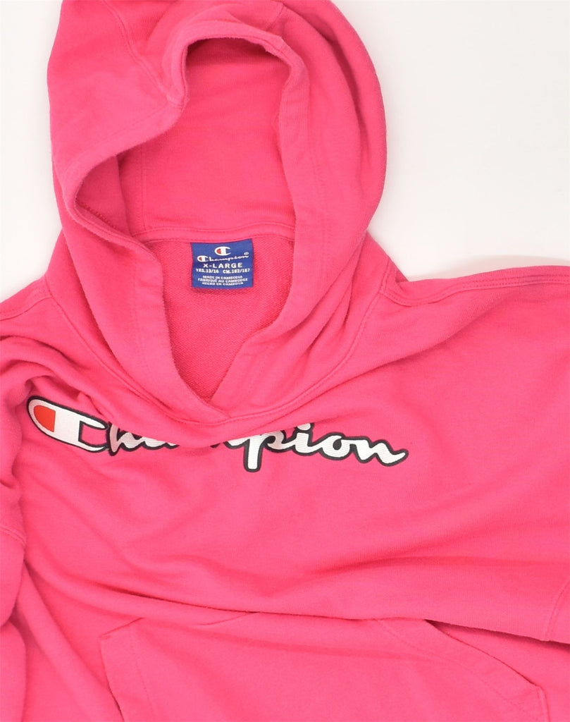 CHAMPION Girls Loose Fit Graphic Hoodie Jumper 13-14 Years XL Pink Cotton | Vintage Champion | Thrift | Second-Hand Champion | Used Clothing | Messina Hembry 