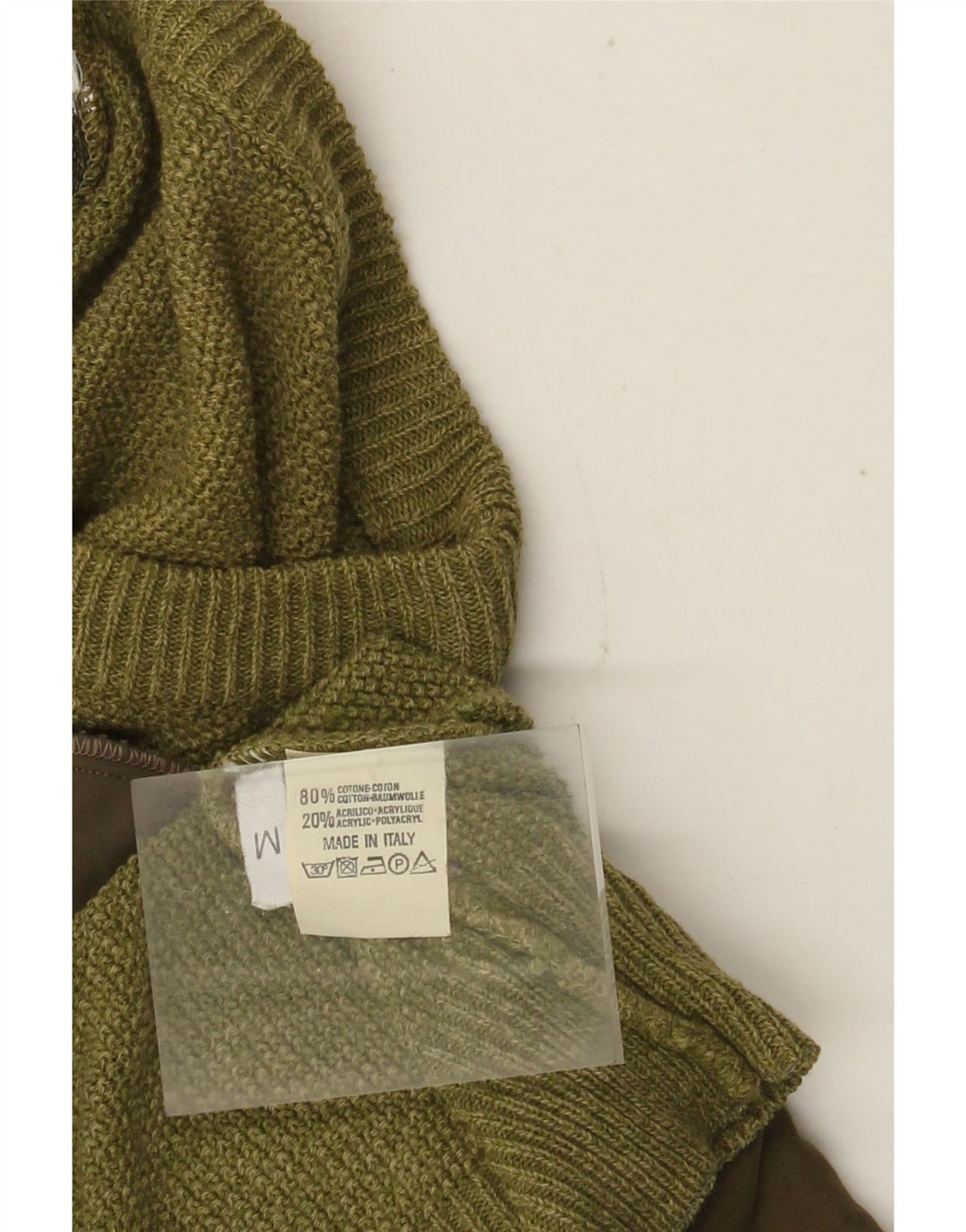 Vintage Mens Crew Neck Jumper Sweater Medium Khaki Colourblock Cotton