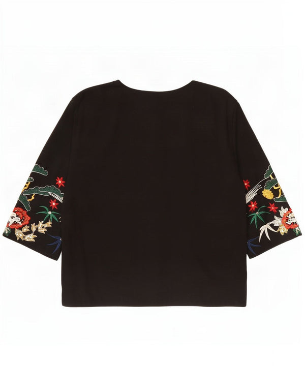 Vintage Womens Graphic Cardigan Top UK 14 Large Black Floral Bird