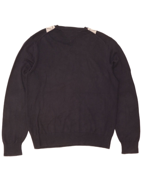 Tommy Hilfiger Mens V-Neck Jumper Sweater Large Navy Blue Argyle/Diamond