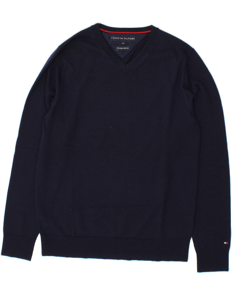 TOMMY HILFIGER Mens V-Neck Jumper Sweater Small Navy Blue Merino Wool Vintage Tommy Hilfiger and Second-Hand Tommy Hilfiger from Messina Hembry 