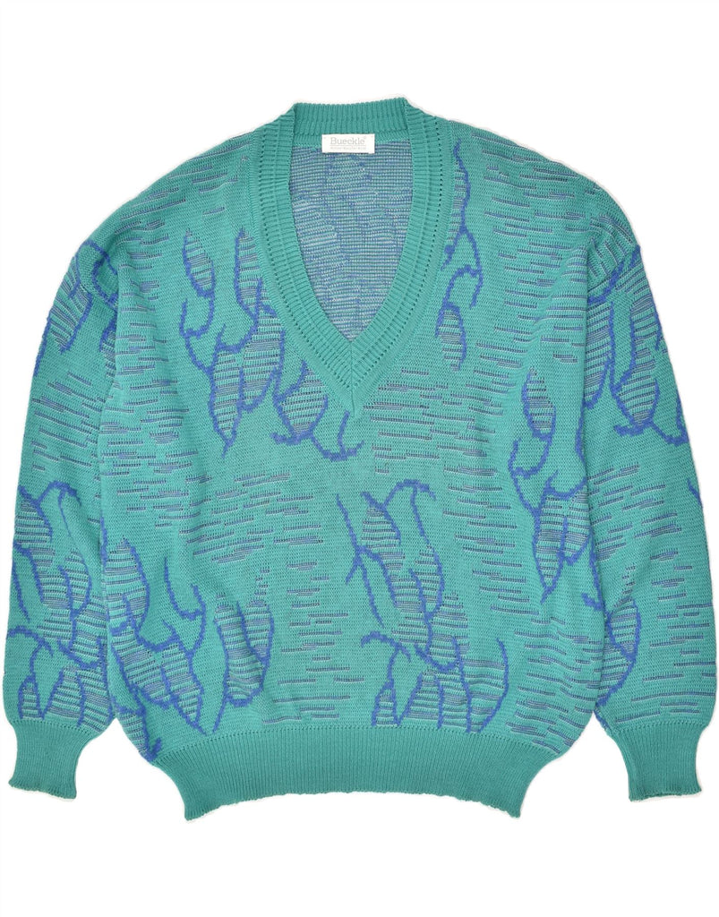 BUECKLE Mens Abstract Pattern V-Neck Jumper Sweater IT 54 XL Turquoise | Vintage Bueckle | Thrift | Second-Hand Bueckle | Used Clothing | Messina Hembry 