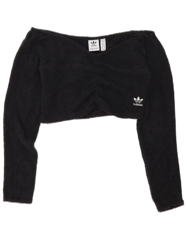 Adidas Womens Crop Fleece Off Shoulder Top UK 12 Medium Black Polyester