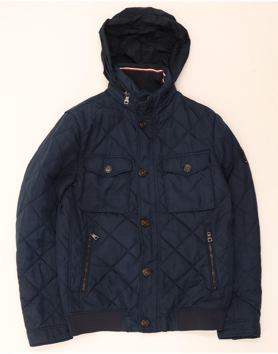 Tommy Hilfiger Mens Hooded Quilted Jacket UK 36 Small Navy Blue Polyester