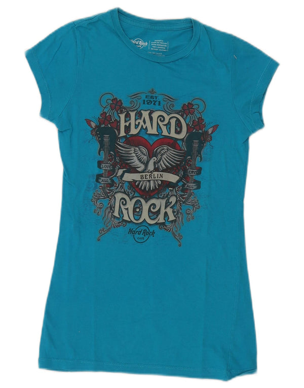 Hard Rock Cafe Womens Berlin Graphic T-Shirt Top UK 2 2XS Blue Cotton