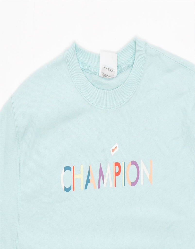 CHAMPION Womens Crop Graphic Sweatshirt Jumper UK 12 Medium Turquoise | Vintage | Thrift | Second-Hand | Used Clothing | Messina Hembry 