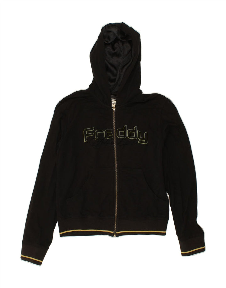 FREDDY Womens Graphic Zip Hoodie Sweater UK 12 Medium Black Vintage Freddy and Second-Hand Freddy from Messina Hembry 