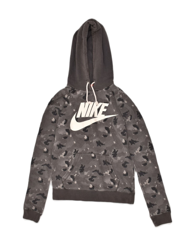 NIKE Womens Graphic Hoodie Jumper UK 6 XS Grey Camouflage Cotton | Vintage Nike | Thrift | Second-Hand Nike | Used Clothing | Messina Hembry 