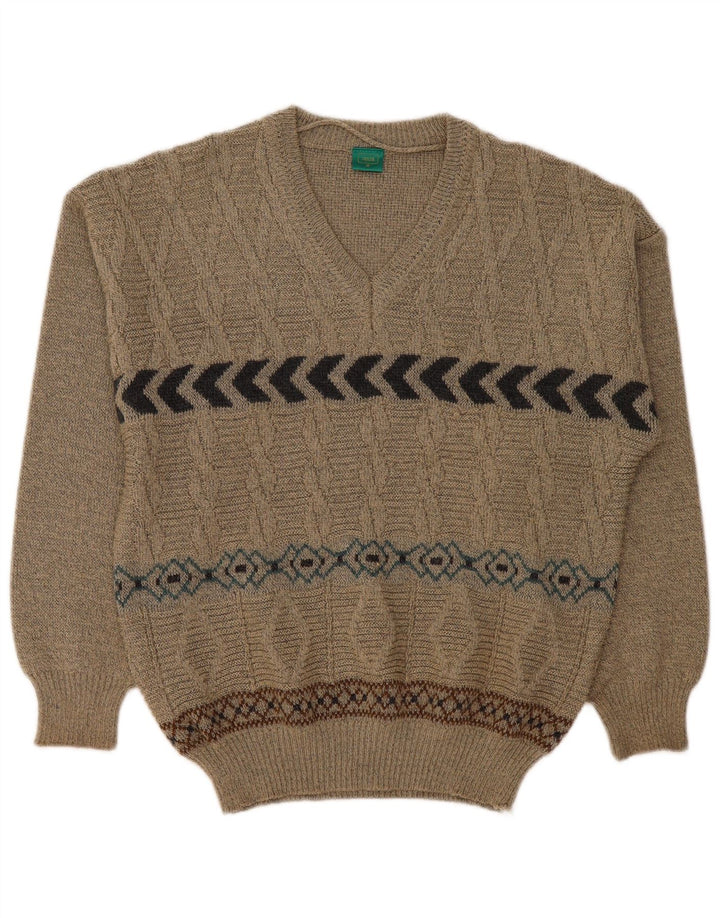 CANDA Mens V-Neck Jumper Sweater Medium Beige Geometric Acrylic