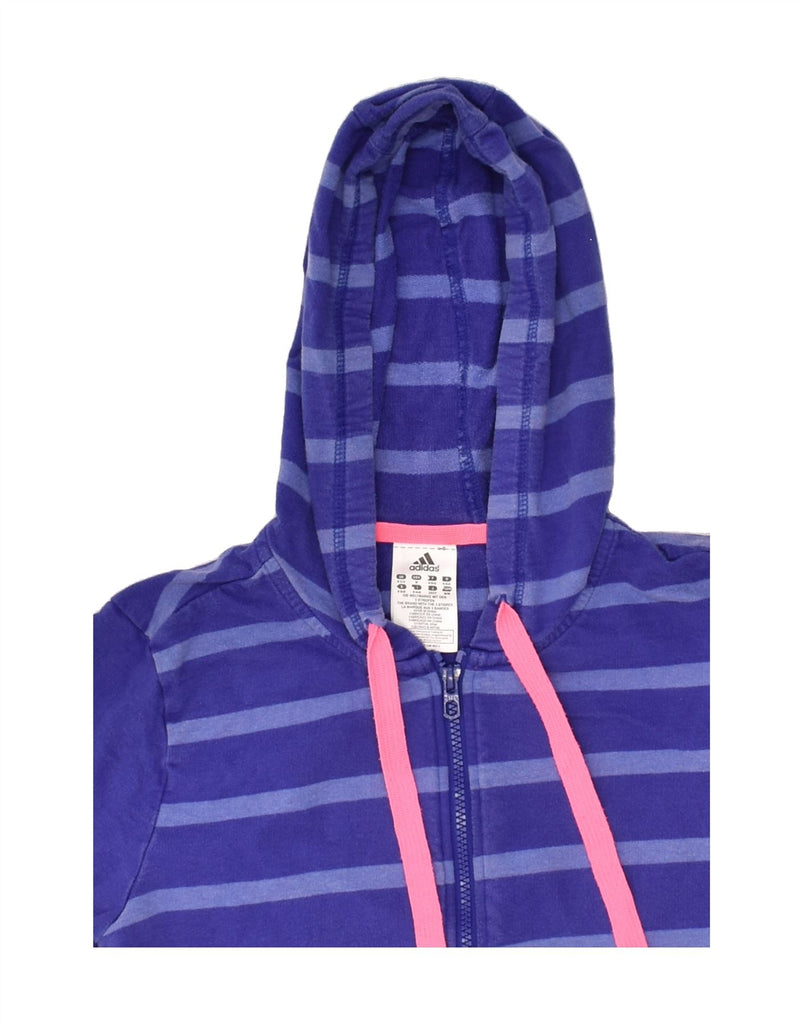 ADIDAS Womens Hoodie Jumper UK 12/14 Medium Blue Striped Cotton | Vintage Adidas | Thrift | Second-Hand Adidas | Used Clothing | Messina Hembry 