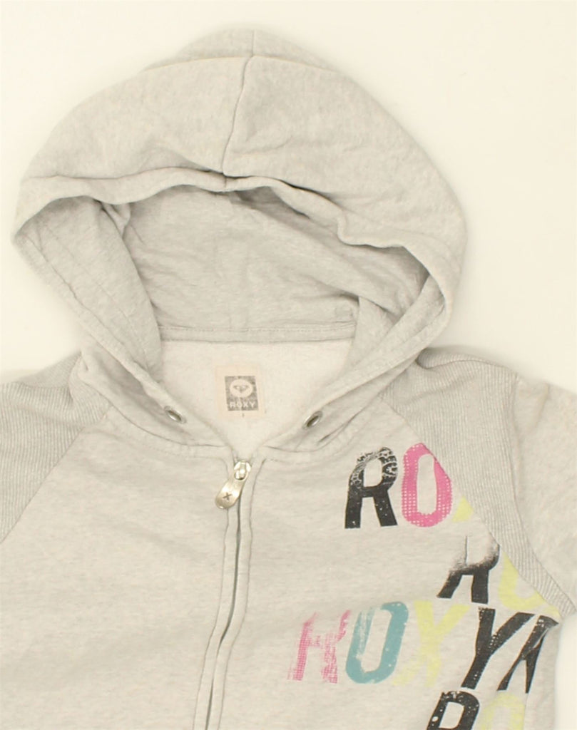 ROXY Womens Graphic Zip Hoodie Sweater UK 10 Small Grey Cotton | Vintage Roxy | Thrift | Second-Hand Roxy | Used Clothing | Messina Hembry 