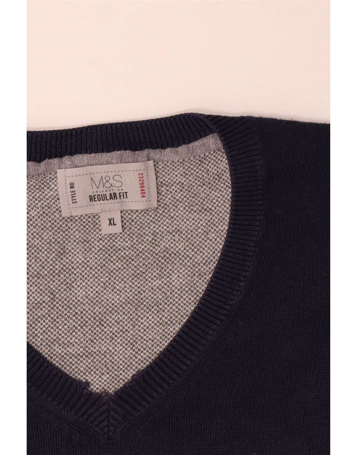 Marks & Spencer Mens Regular Fit V-Neck Jumper Sweater XL Navy Blue Cotton