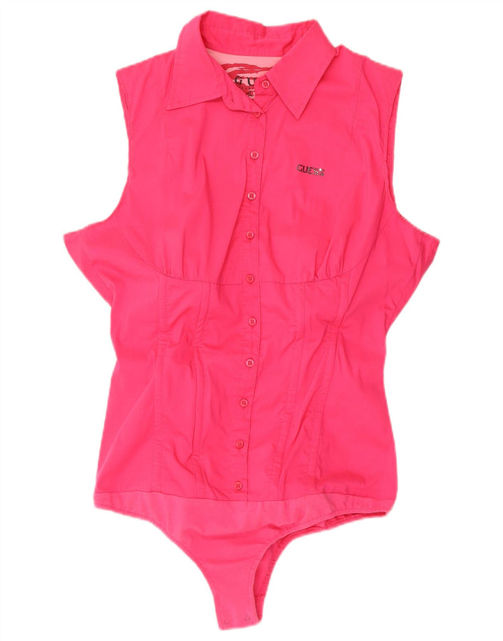 GUESS Womens Sleeveless Shirt Bodysuit UK 14 Medium Pink Cotton