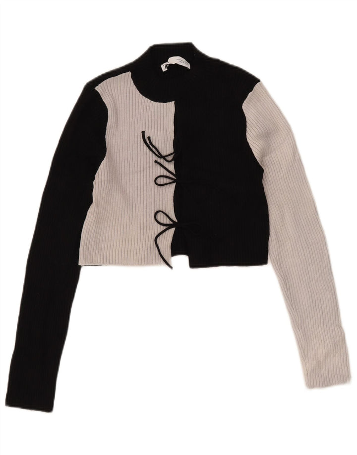 Zara Womens Crop Top Long Sleeve UK 12 Medium Black Colourblock Viscose