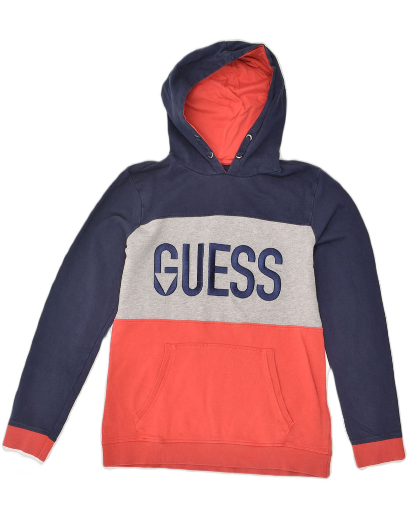 GUESS Boys Graphic Hoodie Jumper 15-16 Years Navy Blue Colourblock Cotton | Vintage Guess | Thrift | Second-Hand Guess | Used Clothing | Messina Hembry 