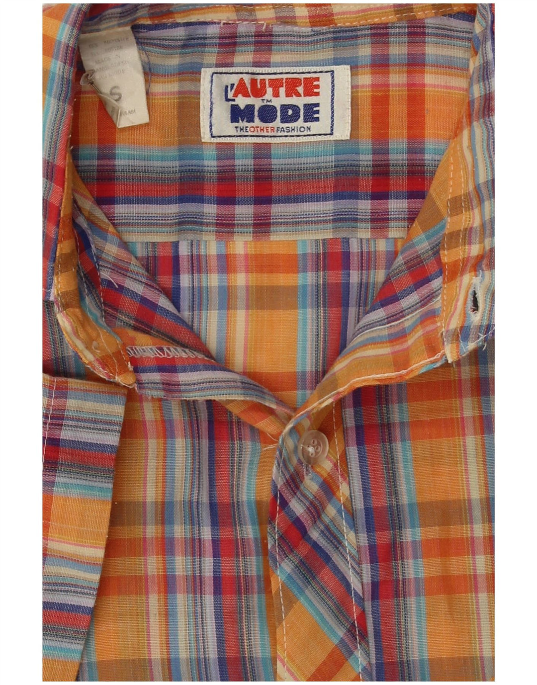 Vintage Mens Short Sleeve Shirt Small Orange Check Polyester