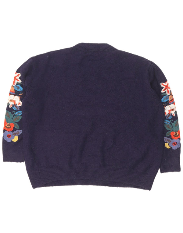 Zara Womens Crew Neck Jumper Sweater UK 14 Medium Navy Blue Floral