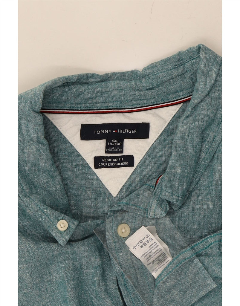 TOMMY HILFIGER Mens Regular Fit Short Sleeve Shirt 2XL Green Linen Vintage Tommy Hilfiger and Second-Hand Tommy Hilfiger from Messina Hembry 