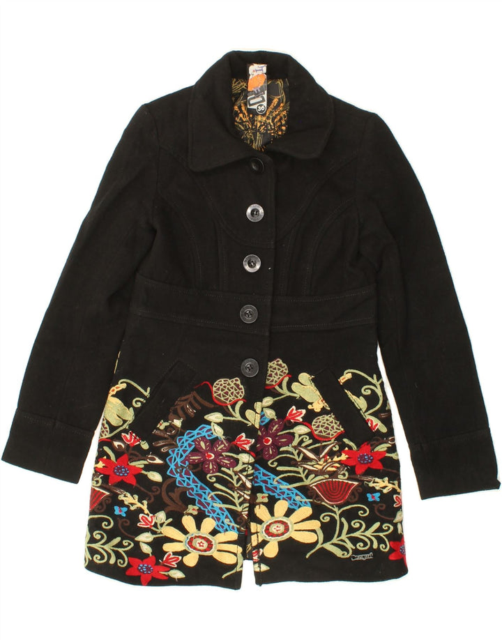 DESIGUAL Womens Graphic Overcoat EU 36 Small Black Floral Polyester Vintage Desigual and Second-Hand Desigual from Messina Hembry 