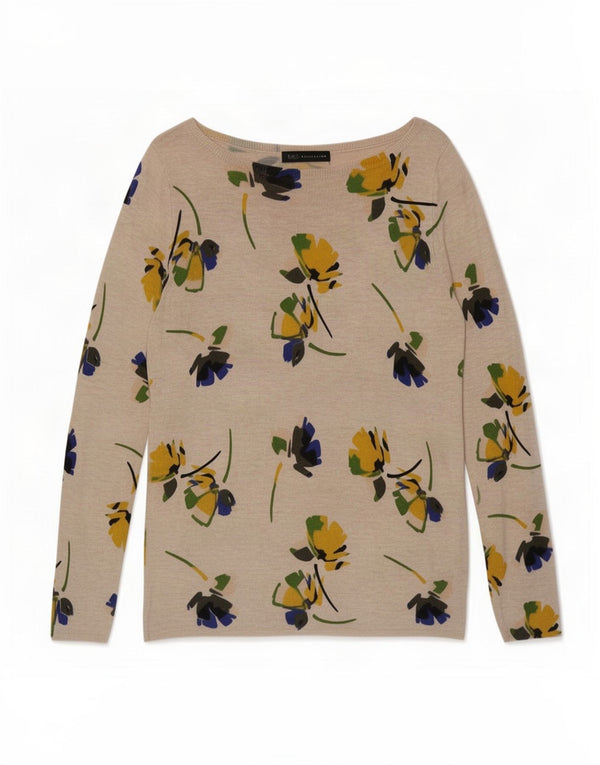 Marks & Spencer Womens Boat Neck Jumper Sweater UK 12 Medium Beige Floral