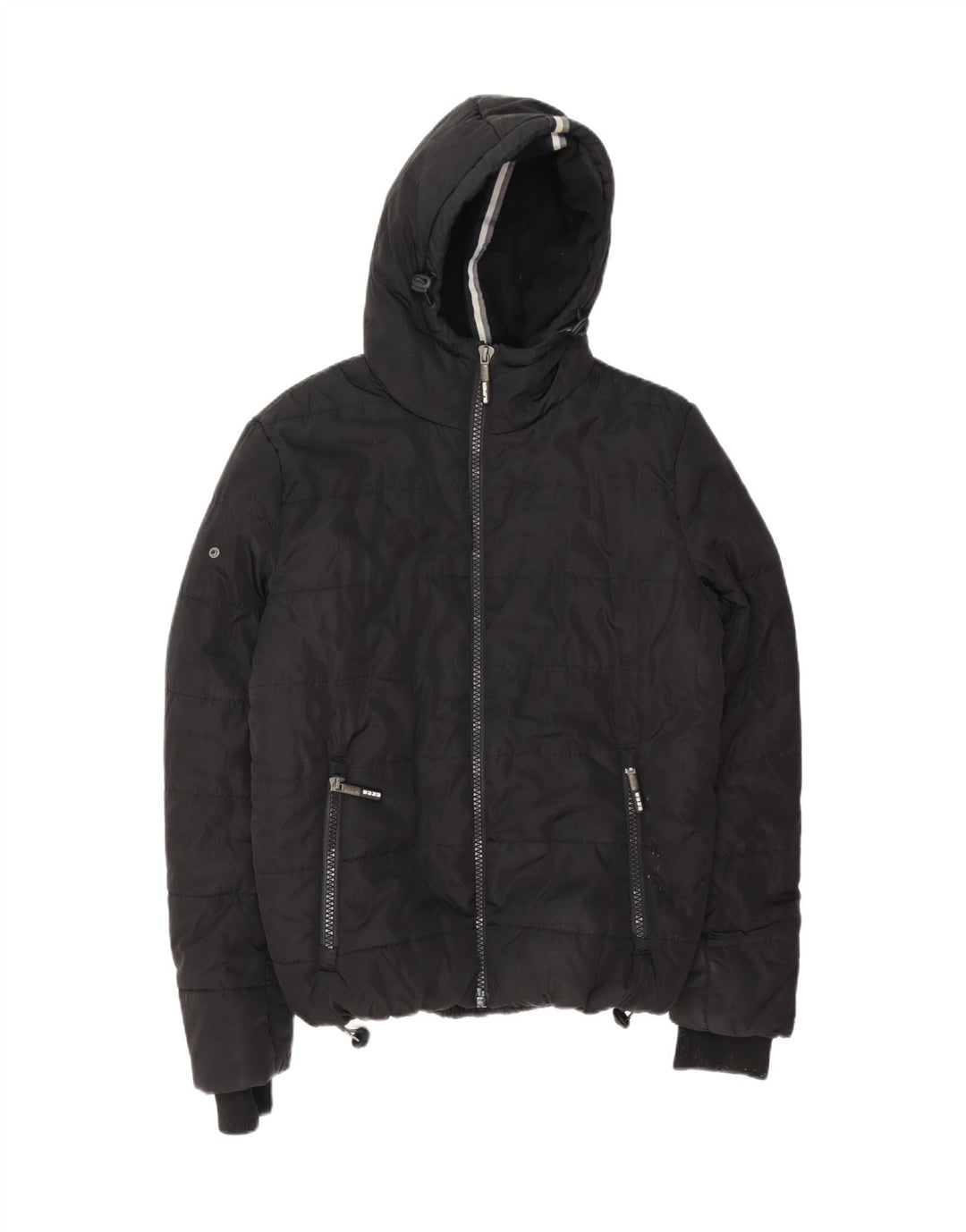SUPERDRY Mens Hooded Padded Jacket UK 40 Large Black Polyester Vintage Superdry and Second-Hand Superdry from Messina Hembry 