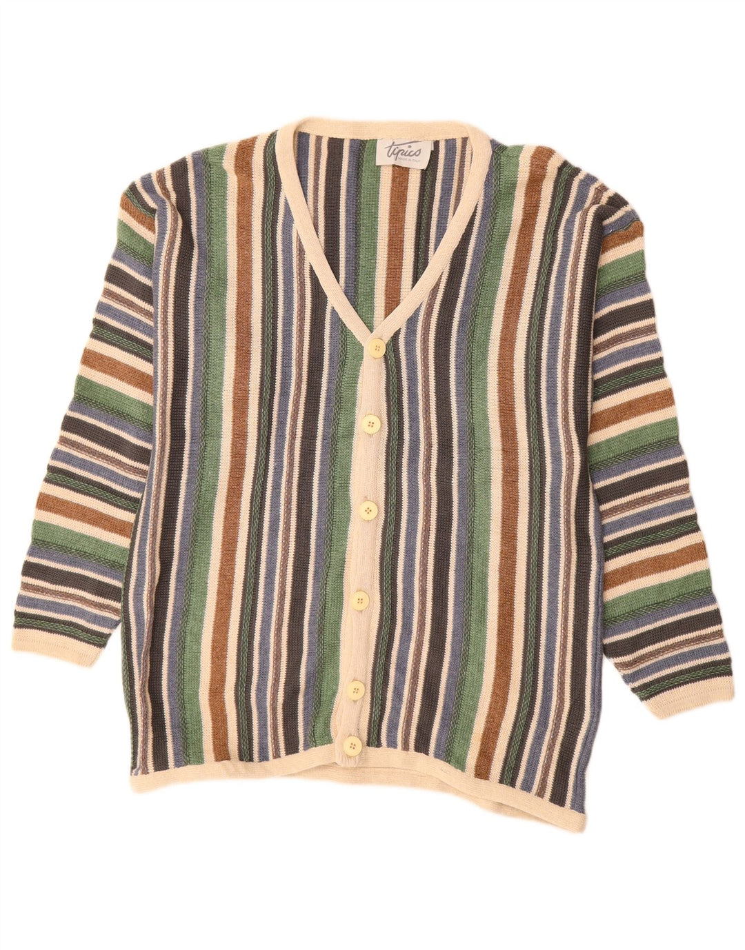 Vintage Mens Cardigan Sweater Large Multicoloured Striped Cotton