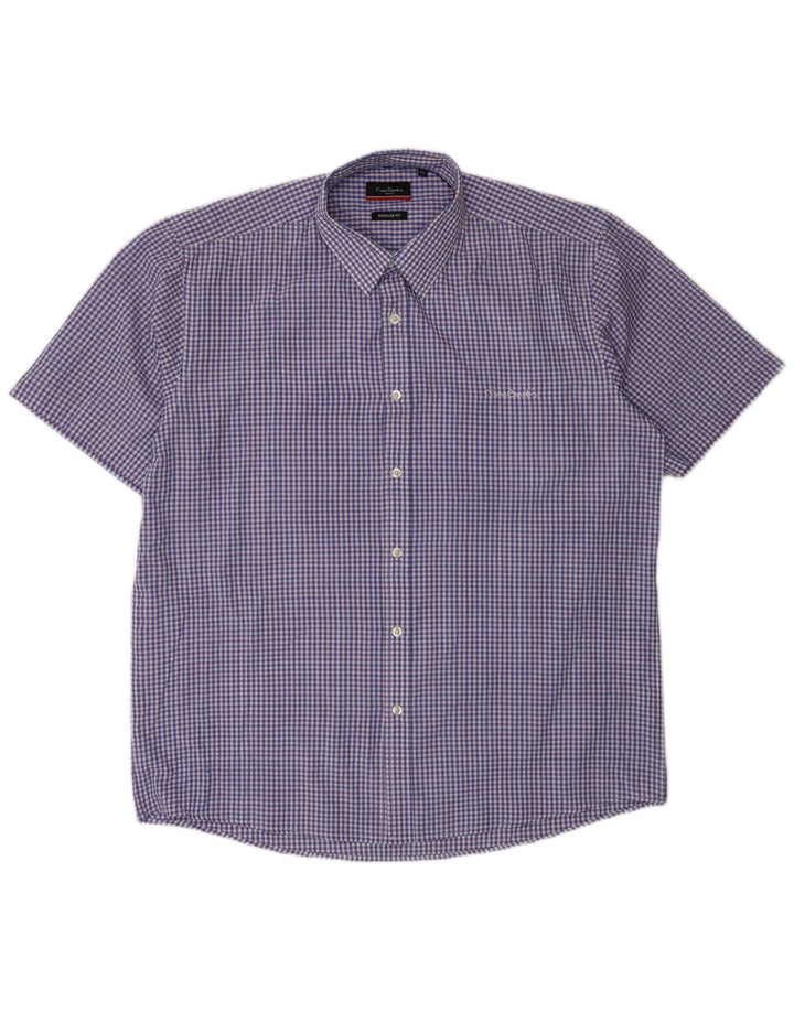 Pierre Cardin Mens Short Sleeve Regular Fit Shirt XL Blue Gingham Polyester