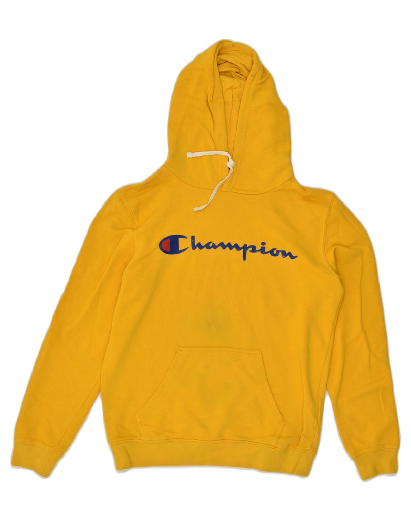 CHAMPION Mens Graphic Hoodie Jumper Small Yellow Cotton | Vintage Champion | Thrift | Second-Hand Champion | Used Clothing | Messina Hembry 