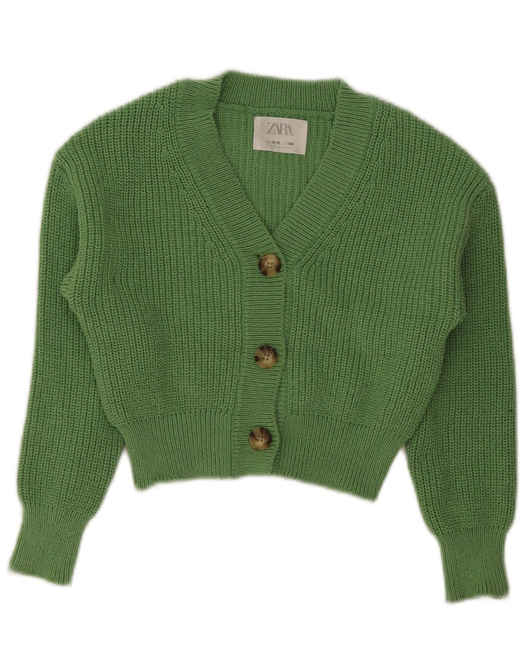 Zara Girls Crop Cardigan Sweater 9-10 Years Green Polyester
