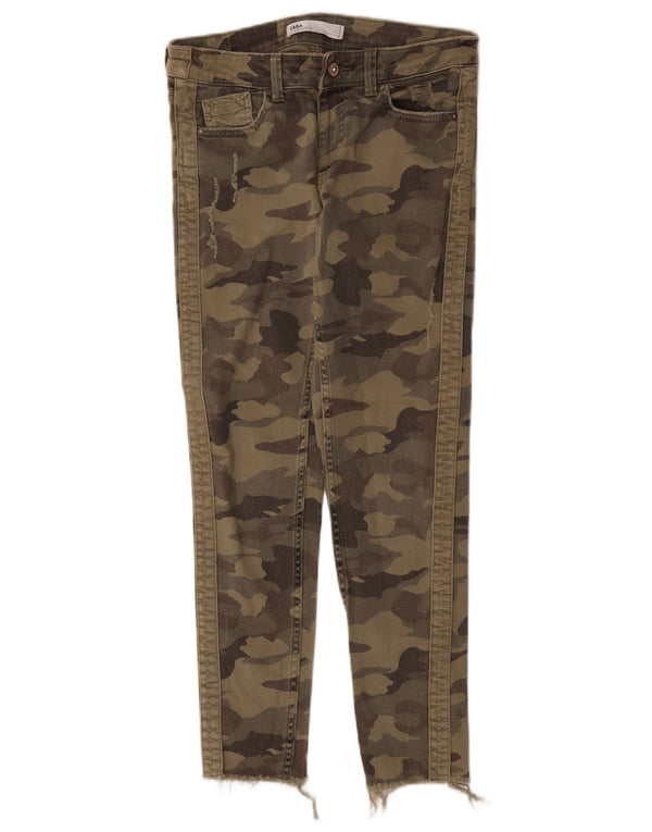 Zara Womens Slim Casual Trousers EU 36 XS W26 L26 Khaki Camouflage Cotton