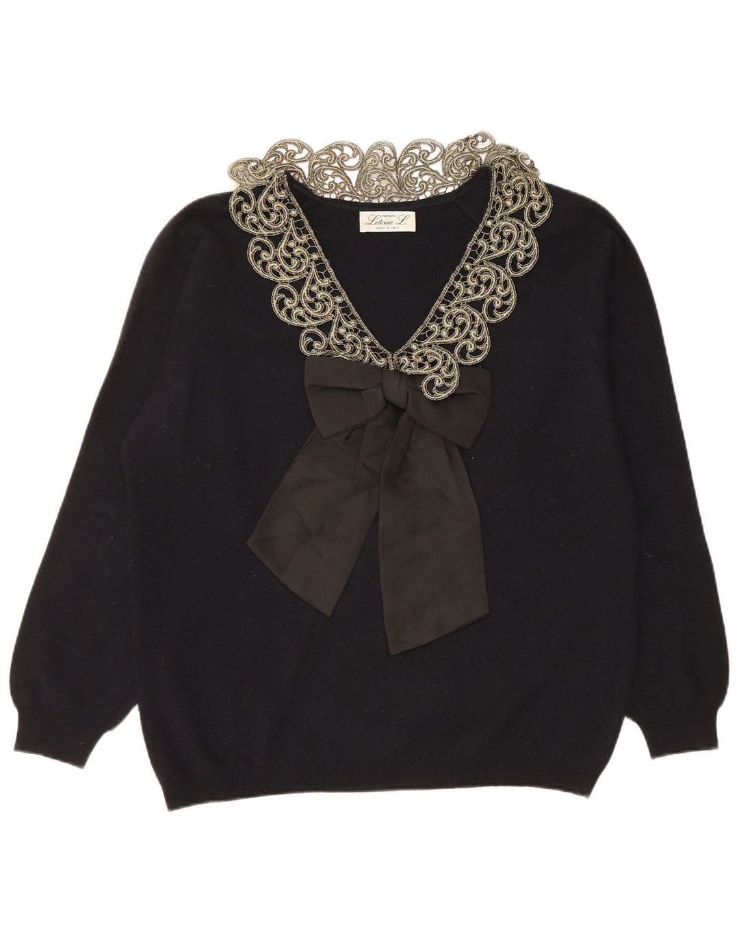 LETIZIA L. Womens V-Neck Jumper Sweater UK 16 Large Black Paisley Wool