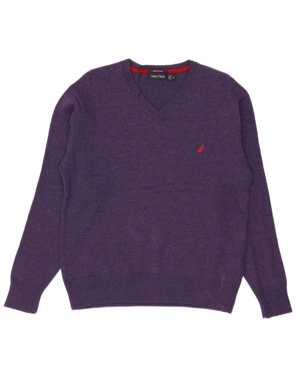 NAUTICA Mens V-Neck Jumper Sweater Medium Purple Merino Wool