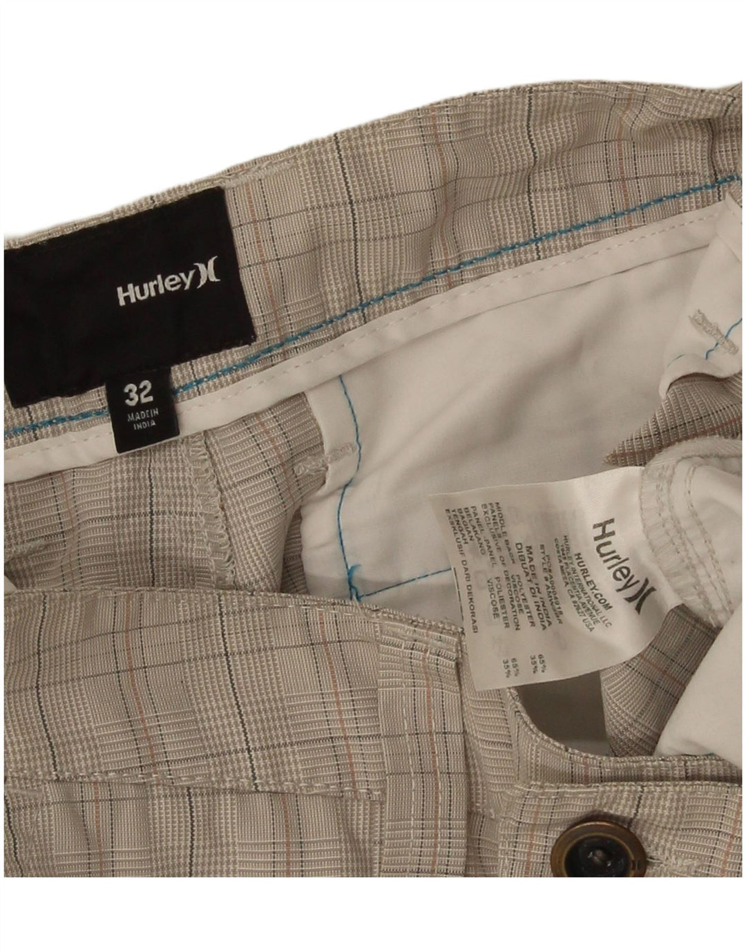 Hurley Mens Cargo Shorts W32 Medium Grey Check Polyester