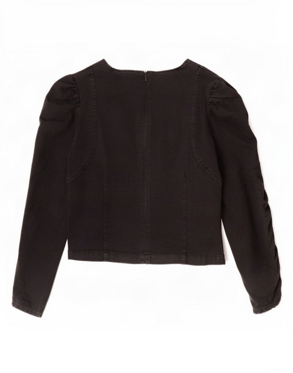Zara Womens Crop Long Sleeve Blouse Top UK 12 Medium Black Cotton
