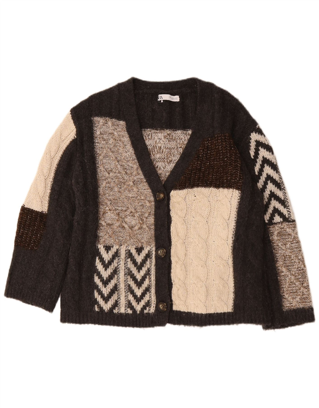 Zara Womens Oversized Cardigan Sweater UK 10 Small Brown Patchwork