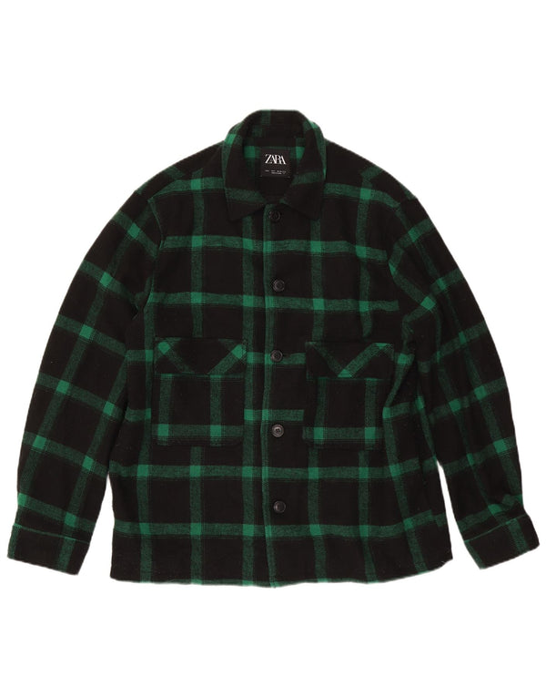 Zara Mens Patch Utility Jacket UK 40 Large Green Check Polyester