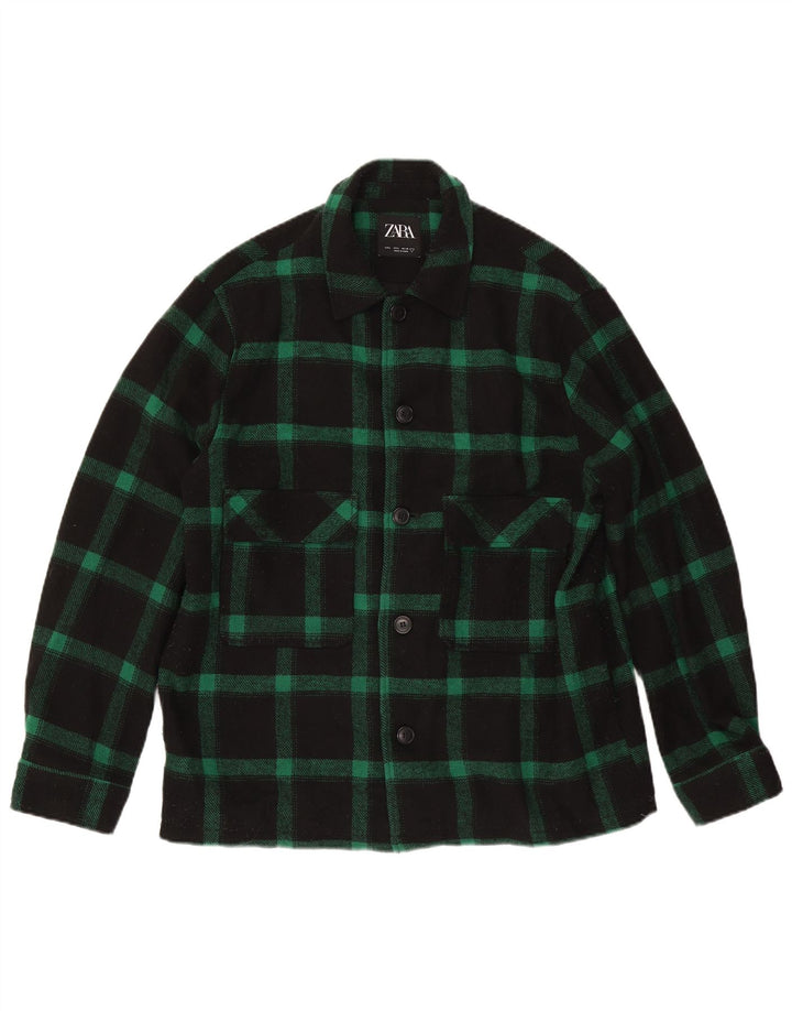 Zara Mens Patch Utility Jacket UK 40 Large Green Check Polyester