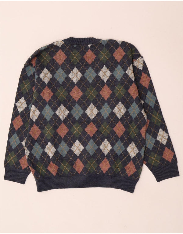 Vintage Mens V-Neck Jumper Sweater Large Navy Blue Argyle/Diamond Wool
