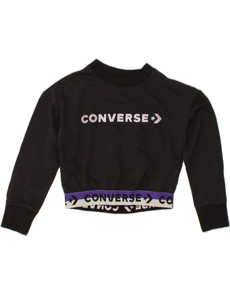CONVERSE Girls Crop Graphic Sweatshirt Jumper 8-9 Years Small  Black Vintage Converse and Second-Hand Converse from Messina Hembry 