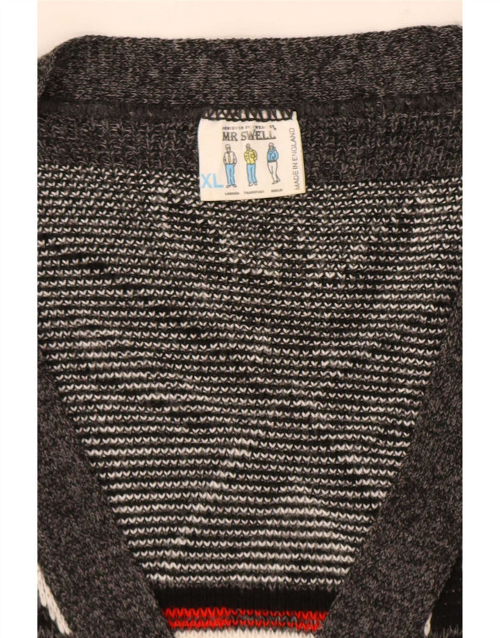 Vintage Mens Cardigan Sweater XL Grey Geometric Acrylic
