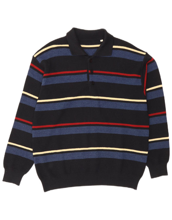 Vintage Mens Polo Neck Jumper Sweater Large Black Striped Wool